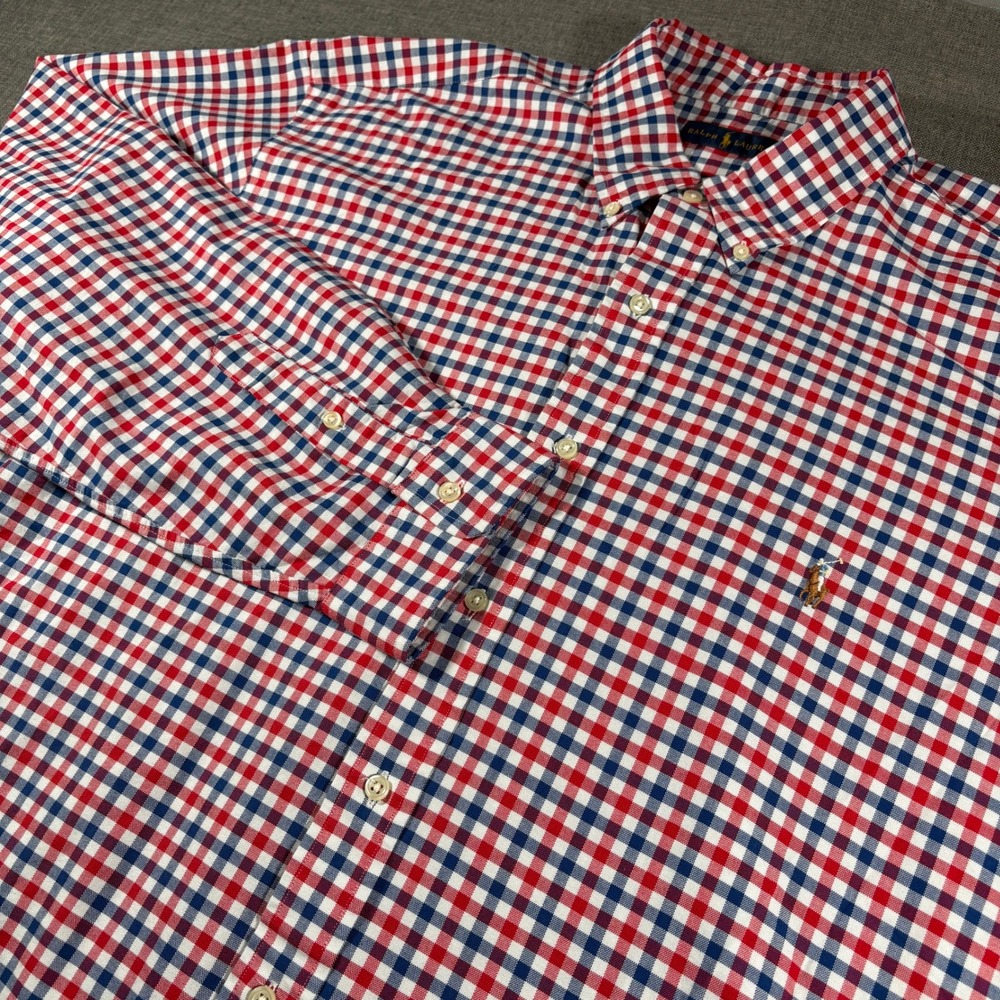 Ralph Lauren Button Down Mens 2XLT Red Blue Gingham Check Long Sleeve Flesh Pony